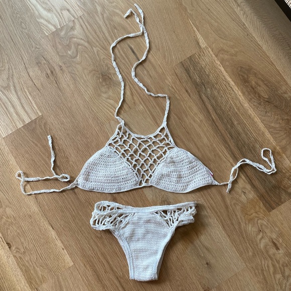 Anna Kosturova Swim Anna Kosturova Cream Crochet Halter Bikini